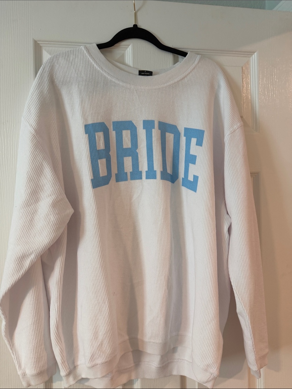 White 'BRIDE' Crewneck Sweatshirt with Light Blue Graphic